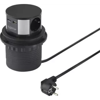 Sygonix SY-6887466 3 ligzdu pagarinātāja tornis, melns/sudraba, 1,5 m kabelis, 3 Schuko ligzdas, 3680 W, apgaismots slēdzis