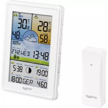 Sygonix SY-5509564 Digitālā meteostacija ar 12–24 stundu prognozi, DCF pulksteni, iekštelpu/āra temperatūru un mitrumu, mēness fāzēm, sala brīdinājumu, atbalstu 3 sensoriem