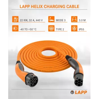 LAPP MOBILITY Helix Type 2 uzlādes kabelis, pašsavācošs, 22 kW, 32 A, 3 m, oranžs