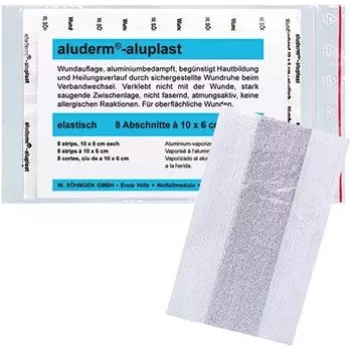 SÖHNGEN aluderm®-aluplast elastīgais brūču pārsēju plāksteris rullī, 6 cm x 1 m, sterils, atsevišķi aizzīmogotas sekcijas