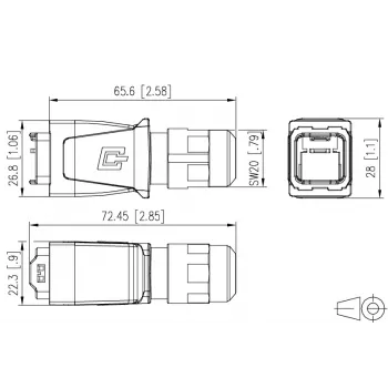 METZ BTR 14010850C0ME industriālais IP67 V14 RJ45 spraudņa korpuss, Push-Pull, tukšs