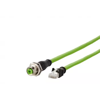 METZ CONNECT 142M4D25050 M12 industriālais Ethernet tīkla kabelis, CAT 5e S/UTP, 5 m, zaļš PUR apvalks, izturīgs pret skābēm/ozonu/UV, saderīgs ar vilkšanas ķēdēm