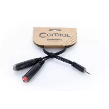 Cordial 14892 Audio Y-adaptera kabelis, 3,5 mm stereo spraudnis uz divām 6,3 mm mono ligzdām, 0,3 m, melns PVC