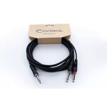 Cordial 14877 Audio Y-adaptera kabelis 6,3mm stereo jack male uz 2x 6,3mm mono jack male 1,5m melns PVC dvīņu kabelis
