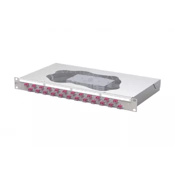 METZ CONNECT 24 portu LC-Duplex OM4 optiskās šķiedras patch panelis ar šķiedru metināšanas paliktni, 1U 19 collu statīva montāža, gaiši pelēks 1504577524-E