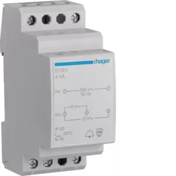 Hager ST301 zvana transformators 230V uz 8V/12V AC, 0,5A, DIN sliedei