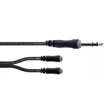 Cordial 14886 Audio Y-adaptera kabelis 6,3 mm stereo jack spraudnis uz 2x 3,5 mm stereo jack ligzdām 0,3 m melns PVC dvīņu kabelis