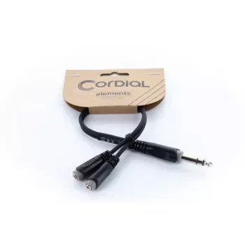 Cordial 14886 Audio Y-adaptera kabelis 6,3 mm stereo jack spraudnis uz 2x 3,5 mm stereo jack ligzdām 0,3 m melns PVC dvīņu kabelis