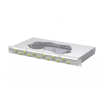 METZ CONNECT 12 portu LC Duplex OM5 optiskās šķiedras savienojumu panelis, 1U 19 inch statīva montāža, 24 šķiedras, 2 m pigtaili, pelēks 1504587M12-F