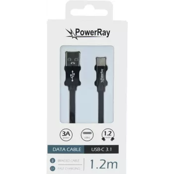 PowerRay USB-C uz USB-A datu un uzlādes kabelis, 1,2 m, tekstila melns PR-DCUC120TBK