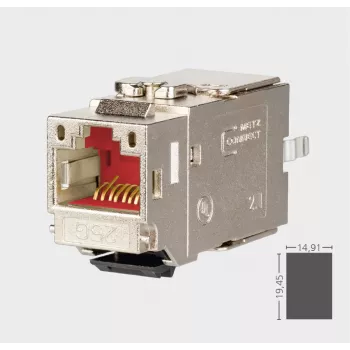 METZ CONNECT C6Amodul K 180° 25G Keystone modulis, ekranēts, Cat.6A, 25 Gigabit Ethernet, IDC bez instrumentiem, cinka die-cast, GHMT sertificēts 130B21-25-E