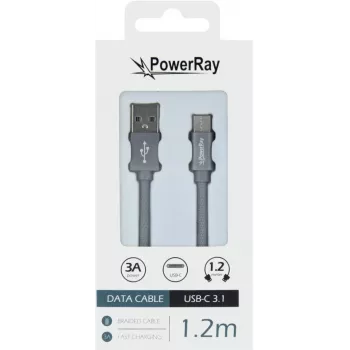 PowerRay Datu kabelis PR-DCUC120TGY USB-A uz USB-C 1,2 m Tekstila Pelēks Pīts Ātrā Uzlāde un 5 Gbps Datu Sinhronizācija