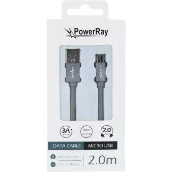 PowerRay USB uz Micro-USB datu kabelis, 2 m, tekstila pelēks, blisteris PR-DCUM200TGY