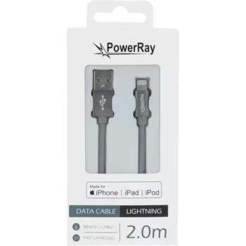 PowerRay PR-DCUL200TGY MFi sertificēts USB-A uz Lightning pīts kabelis, 2 m, tekstila pelēks
