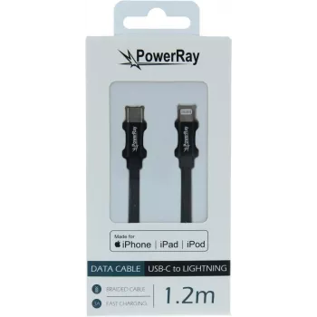 PowerRay USB-C uz Lightning MFi pīts datu un uzlādes kabelis 1,2 m melns PR-DCCL120TBK