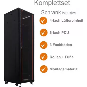 IT-BUDGET 19 inch Server Rack SRK pilns komplekts 42U 600x600mm stikla/tērauda durvis, 4 aktīvie ventilatori, PDU, plaukti, izjaukts, melns 90ITB19SRK4266GS