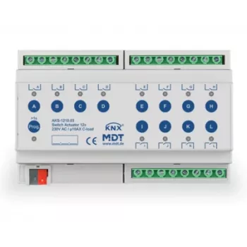 MDT AKS-1210.03 KNX komutācijas aktators 12-kanālu 8TE DIN sliedei 10A 230VAC C-slodze Standarta 140µF