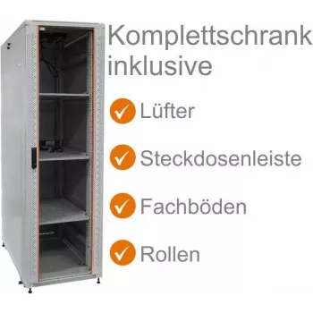 IT-BUDGET 19 inch Tīkla skapis SRK pilns komplekts 38U 600x800 mm Stikla/Masīva durvis 4 aktīvie ventilatori PDU plaukti Išjaukts gaiši pelēks 90ITB19SRK3868GG