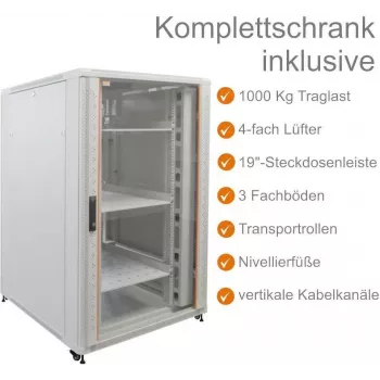 IT-BUDGET 19 inch Serveru Skapis SRK Komplekts - 27U - 800x1000 mm - Apskates/Cieta Durvju - 4 Aktīvie Ventilatori - PDU - Plaukti - Samontēts - Gaiši Pelēks 99ITB19SRK27810GGM