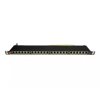 IT-BUDGET 19 inch Super plakanais patch panelis, 0,5U, pilnībā ekranēts, Cat.6A, 24 porti, PoE++, melns (90ITBPP6A05S)
