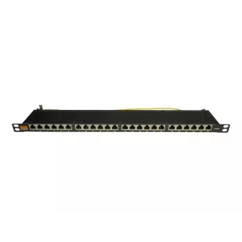 IT-BUDGET 19 inch Super plakanais patch panelis, 0,5U, pilnībā ekranēts, Cat.6A, 24 porti, PoE++, melns (90ITBPP6A05S)