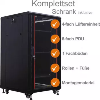 IT-BUDGET 19 inch tīkla skapis SRK komplekts - 18U, 600x800 mm, stikla priekšdurvis, metāla aizmugurējās durvis, 4 aktīvie ventilatori, PDU, plaukti, salikts, melns 99ITB19SRK1868GSM