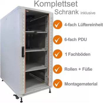 IT-BUDGET 19 inch Tīkla skapis SRK pilns komplekts, 18U, 600x800 mm, stikla/tērauda durvis, 4 aktīvie ventilatori, PDU, plaukti, salikts, gaiši pelēks 99ITB19SRK1868GGM