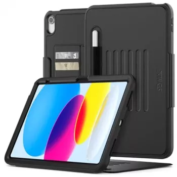 SEYMAC iPad 11. paaudzes/10. paaudzes 2025/2022 (11/10,9 collu) A16 futrālis, triecienizturīgs aizsargfutrālis ar automātisku miega/aktivizācijas magnētisko aizdari, karšu turētājiem, daudzleņķa statīvu un zīmuļa turētāju, melns