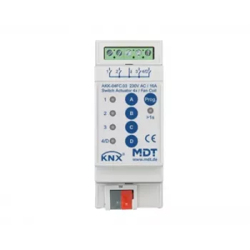 MDT AKK-04FC.03 KNX ventilatora konvektora aktuatators, 4 komutācijas izejas, 16A, 230VAC, 2 TE, 70µF, 10 EVG