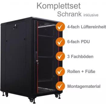 IT-BUDGET 19 inch Tīkla skapis SRK komplekts 22U 600x800 mm stikla/tērauda durvis, 4 ventilatori, PDU, plaukti, izjaukts, melns 90ITB19SRK2268GS
