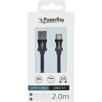 PowerRay Datu kabelis PR-DCUC200TBK, USB-A uz USB-C, 2,0 m, Tekstila melns, Blister