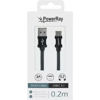 PowerRay PR-DCUC020TBK USB-A uz USB-C datu un uzlādes kabelis, 0,2 m, tekstila melns, blisteris