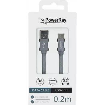 PowerRay datu kabelis PR-DCUC020TGY, USB-A uz USB-C, 0,2 m, tekstila pelēks, blisteris
