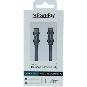 PowerRay USB-C uz Lightning MFi sertificēts pīts kabelis 1,2m pelēks PR-DCCL120TGY