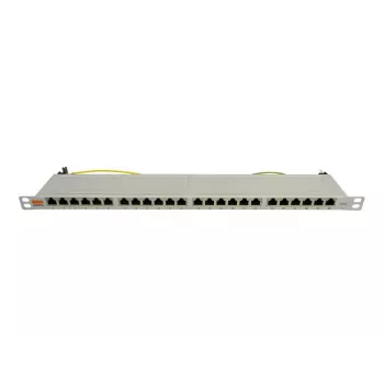 IT-BUDGET 19 inch Super Flat 0.5U pilnībā ekranēts Cat.6A 24 portu PoE++ patch panelis, gaiši pelēks 90ITBPP6A05G