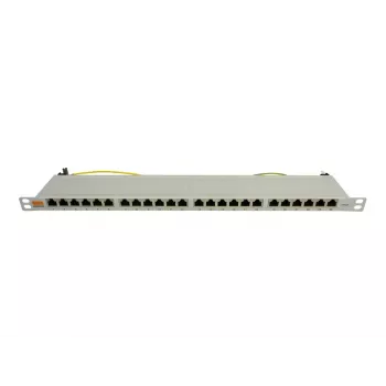 IT-BUDGET 19 inch Super Flat 0.5U pilnībā ekranēts Cat.6A 24 portu PoE++ patch panelis, gaiši pelēks 90ITBPP6A05G