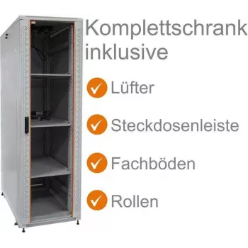 IT-BUDGET 19 inch tīkla skapis SRK - pilns komplekts - 38U - 600x600 mm - stikla/tērauda durvis - 4 aktīvie ventilatori - PDU - plaukti - samontēts - gaiši pelēks 99ITB19SRK3866GGM