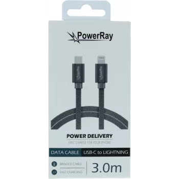 PowerRay USB-C uz Lightning pīts kabelis 3 m, tekstila pelēks PR-DCCL300TGY