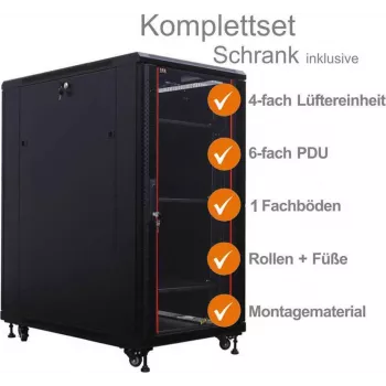 IT-BUDGET 19 collu tīkla skapis SRK komplekts - 18U - 600x1000 mm - Stikla/Tērauda durvis - 4 aktīvie ventilatori - PDU - Plaukti - Samontēts - Melns 99ITB19SRK18610GSM