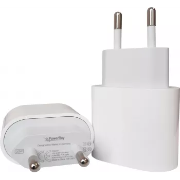 PowerRay PRMHJE3 20W USB-C PD sienas lādētājs, EU 2-pin, balts, blister iepakojumā