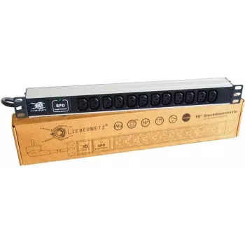 Liebernetz 19 inch 1U rackmontējama PDU, 12x C13 kontaktligzdas, ar pārsprieguma aizsardzību, SCHUKO spraudnis, alumīnija, melna 90LNSDL1912KKSP