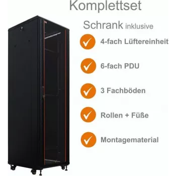 IT-BUDGET 19 inch Tīkla skapis SRK pilns komplekts 38U 600x800mm Stikla/Masīvas durvis 4 aktīvie ventilatori PDU plaukti Išjaukts melns 90ITB19SRK3868GS