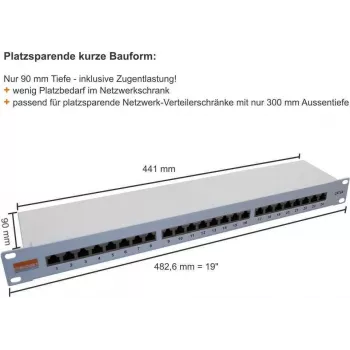 IT-BUDGET 19 inch Patch Panel Profi S - Īss dziļums - Ekranēts - Cat.6A - 24 porti - PoE+ atbalsts - 1U - Gaiši pelēks (90ITBPP6A1G)