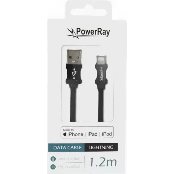 PowerRay PR-DCUL120TBK USB-A uz Lightning MFi sertificēts pīts neilona datu un uzlādes kabelis, 1,2 m, melns