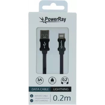 PowerRay USB-A uz Lightning datu/uzlādes kabelis 0,2 m tekstila melns PR-DCUL020TBK