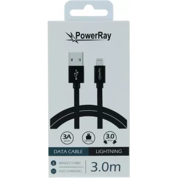 PowerRay USB uz Lightning datu kabelis 3m tekstila melns PR-DCUL300TBK