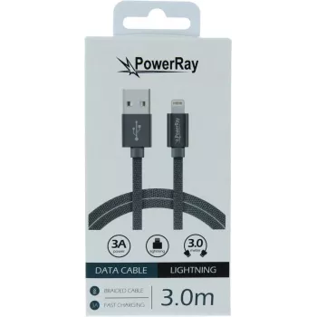 PowerRay USB uz Lightning datu un uzlādes kabelis 3m tekstila pelēks PR-DCUL300TGY