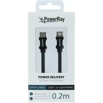 PowerRay PR-DCCL020TBK USB-C uz Lightning datu kabelis, 0,2 m, tekstila melns, blisteris