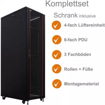 IT-BUDGET 19 inch Server Rack SRK komplekts - 42U - 600x1000 mm - perforētas dubultdurvis priekšā un aizmugurē - 4 aktīvie ventilatori - PDU - plaukti - Flatpack - melns (90ITB19SRK42610DTS)