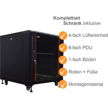 IT-BUDGET 19 collu serveru skapis SRK pilns komplekts 12U 600x1000 mm ar stikla/tērauda durvīm, 4 aktīviem ventilatoriem, PDU, plauktiem, salikts melns 99ITB19SRK12610GSM